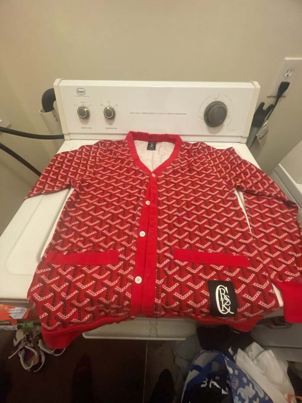 Crooks & Castles Red Chain Print Button-Up Cardigan Sweater with Logo Patch